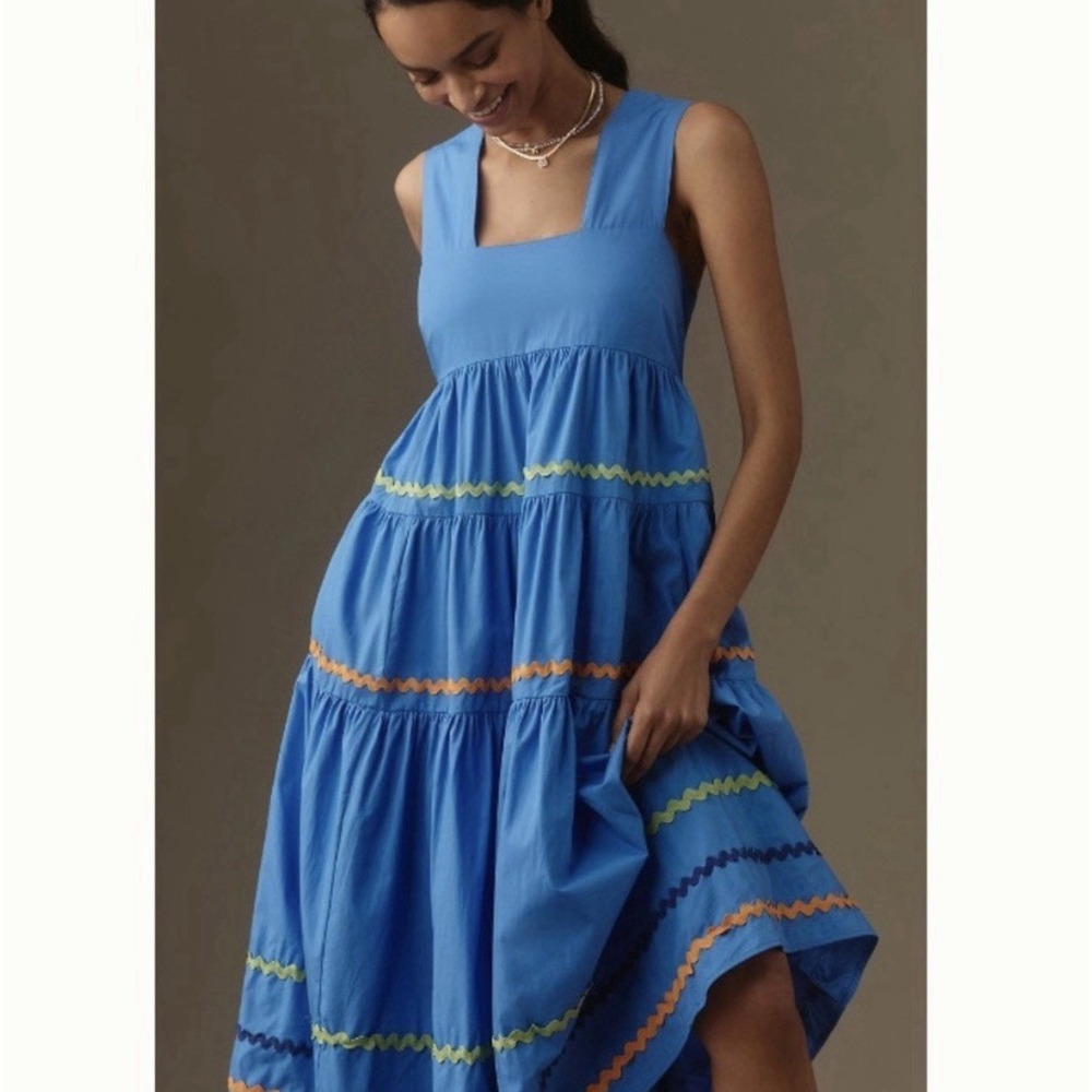 Anthropologie Midi Dress Womens L Helena Tiered Ric Rac Square Neck Boho Summer
